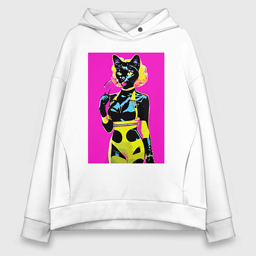 Женское худи оверсайз Black cat - fashionista - pop art - neural network / Белый – фото 1