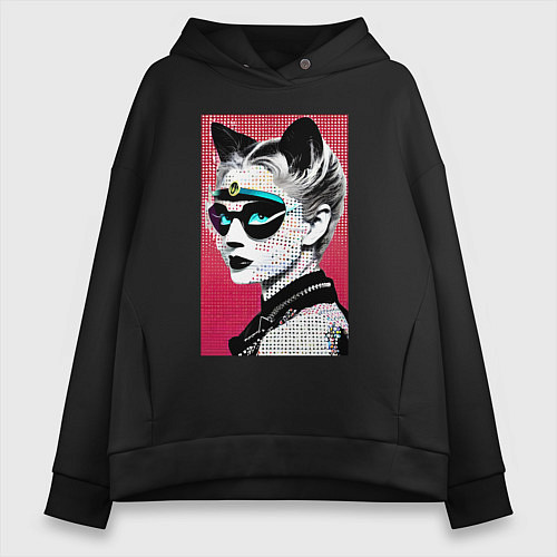 Женское худи оверсайз Cat girl in a mask - neural network - pop art / Черный – фото 1