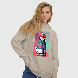 Толстовка оверсайз женская Крутой лис в модной куртке - нейросеть, цвет: миндальный — фото 2