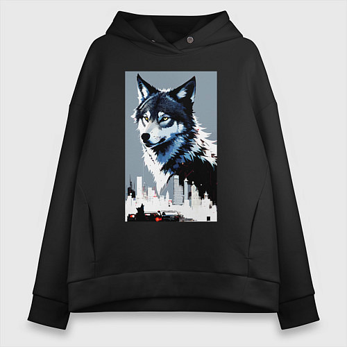 Женское худи оверсайз Волчара в мегаполисе / Черный – фото 1