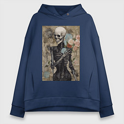 Толстовка оверсайз женская Девушка скелет в цветах, цвет: тёмно-синий