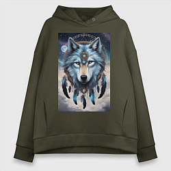 Толстовка оверсайз женская Шаман волк, цвет: хаки