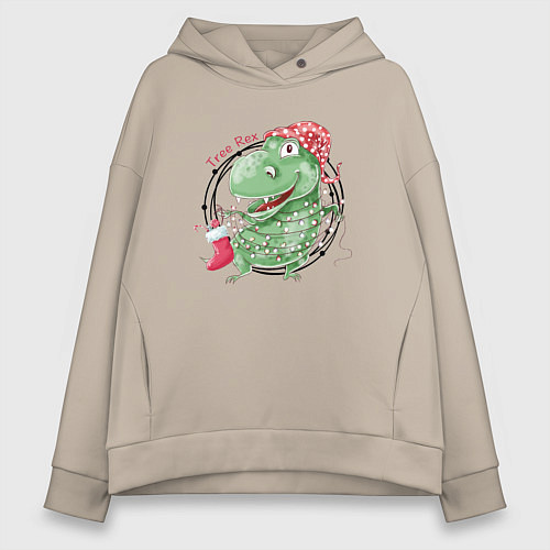 Женское худи оверсайз Новогодний тирекс / Миндальный – фото 1