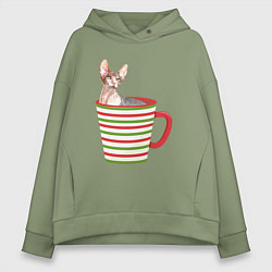 Женское худи оверсайз Сфинкс в новогодней полосатой кружке