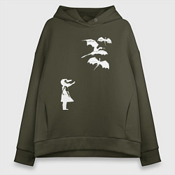 Толстовка оверсайз женская Девочка и драконы, цвет: хаки