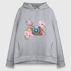 Толстовка оверсайз женская Фотоаппарат в цветах и бабочки, цвет: меланж