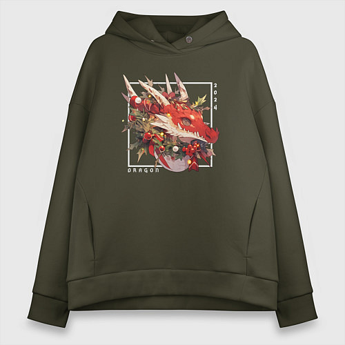 Женское худи оверсайз Christmas red dragon / Хаки – фото 1
