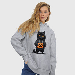 Толстовка оверсайз женская Кот в черном худи держит в руках тыкву, цвет: меланж — фото 2