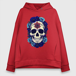 Толстовка оверсайз женская Череп с сининими розами, цвет: красный