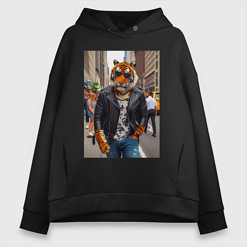 Женское худи оверсайз Cool tiger on the streets of New York - ai art / Черный – фото 1