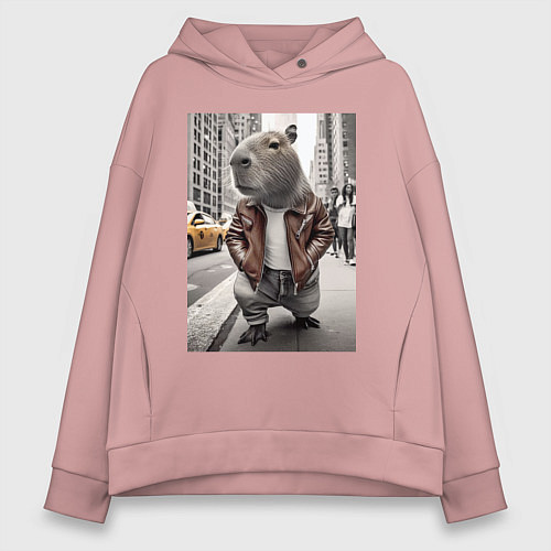 Женское худи оверсайз Trendy capybara on the streets of New York / Пыльно-розовый – фото 1