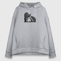 Толстовка оверсайз женская Ежик и кактус, цвет: меланж