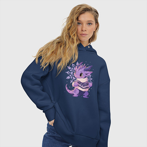 Женское худи оверсайз Фиолетовый дракон в свитере / Тёмно-синий – фото 3