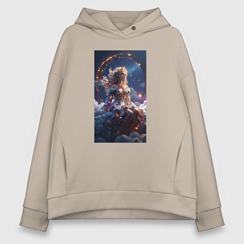 Женское худи оверсайз Аниме девушка ангел на облаке / Миндальный – фото 1