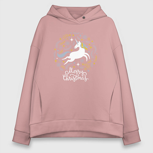 Женское худи оверсайз Unicorn christmas / Пыльно-розовый – фото 1