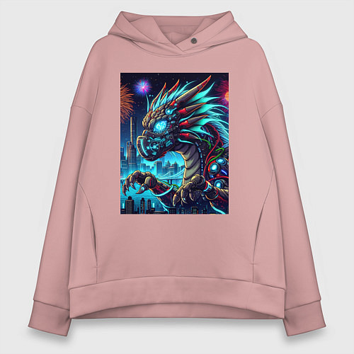 Женское худи оверсайз Cyber dragon - ai art neon / Пыльно-розовый – фото 1