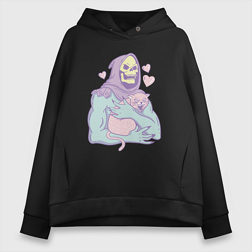 Женское худи оверсайз Скелетор с котом / Черный – фото 1