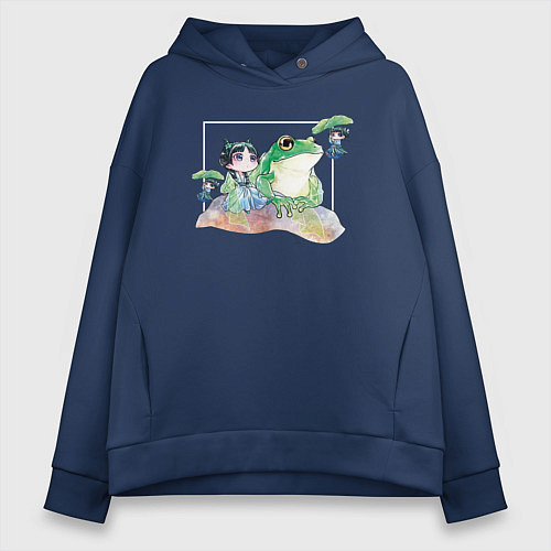 Женское худи оверсайз Маомао чиби и лягушка - Монолог фармацевта / Тёмно-синий – фото 1