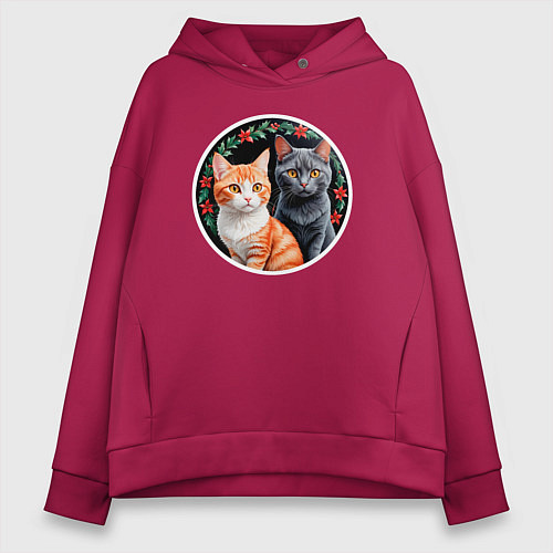 Женское худи оверсайз Два кота ждут Новый Год / Маджента – фото 1