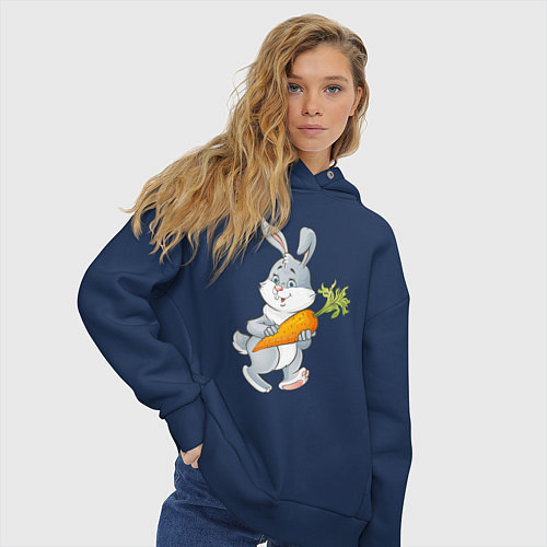 Женское худи оверсайз Мультяшный заяц с морковкой / Тёмно-синий – фото 3