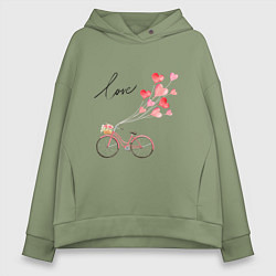Толстовка оверсайз женская Велосипед с сердечками и цветами, цвет: авокадо