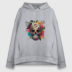 Толстовка оверсайз женская Череп в ярких цветах, цвет: меланж