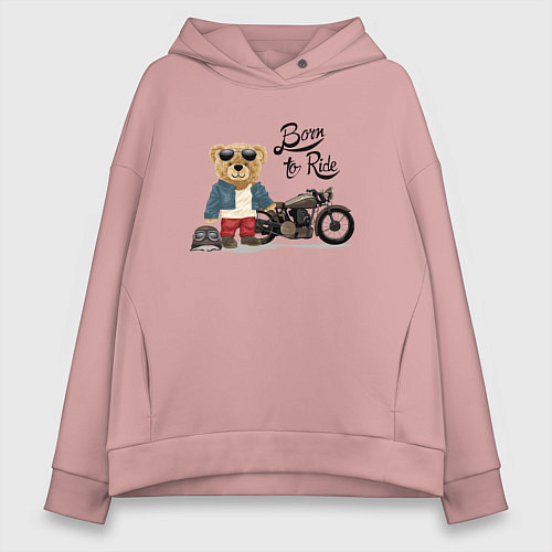 Женское худи оверсайз Плюшевый медвежонок с мотоциклом / Пыльно-розовый – фото 1