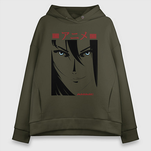 Женское худи оверсайз Лицо девушки в стиле манга / Хаки – фото 1