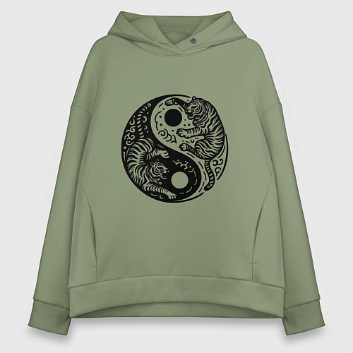 Женское худи оверсайз Два тигра как знак инь янь / Авокадо – фото 1