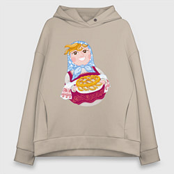 Толстовка оверсайз женская Матрешка хозяйка в русском стиле с пирогом, цвет: миндальный