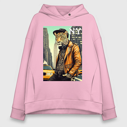 Женское худи оверсайз The cool leopard is a New Yorker / Светло-розовый – фото 1