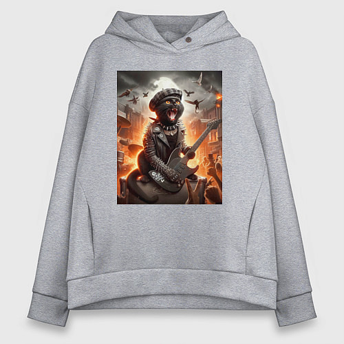 Женское худи оверсайз Чёрный котик играет на гитаре - нейросеть / Меланж – фото 1