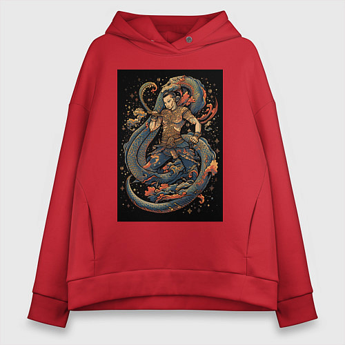 Женское худи оверсайз Муай Тай боец и змея / Красный – фото 1