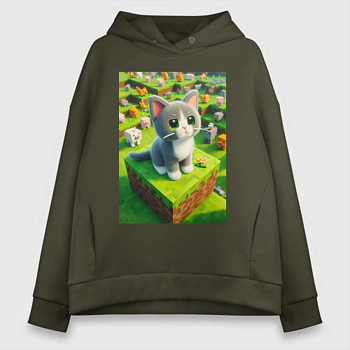 Женское худи оверсайз Funny kitten - Minecraft ai art / Хаки – фото 1