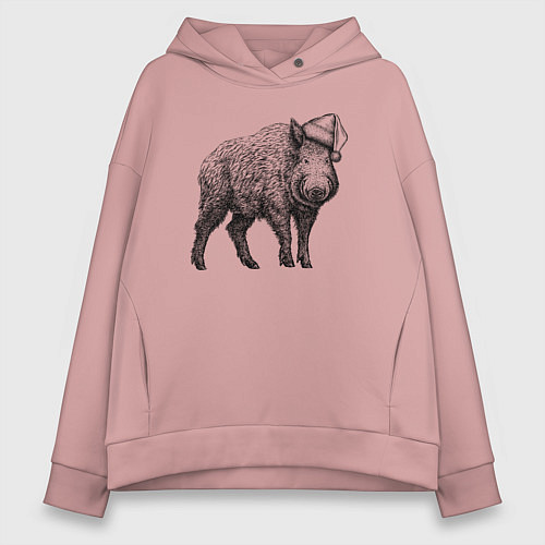 Женское худи оверсайз Кабан в новогоднем колпаке / Пыльно-розовый – фото 1