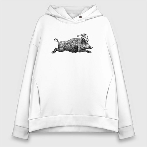 Женское худи оверсайз Кабан спешит на Новый год / Белый – фото 1