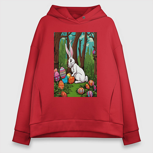 Женское худи оверсайз Пасхальный кроль в лесу / Красный – фото 1