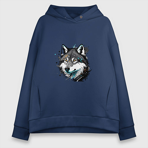 Женское худи оверсайз Портрет волка с брызгами краски / Тёмно-синий – фото 1