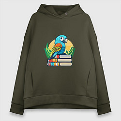 Толстовка оверсайз женская Попугай на стопке книг, цвет: хаки