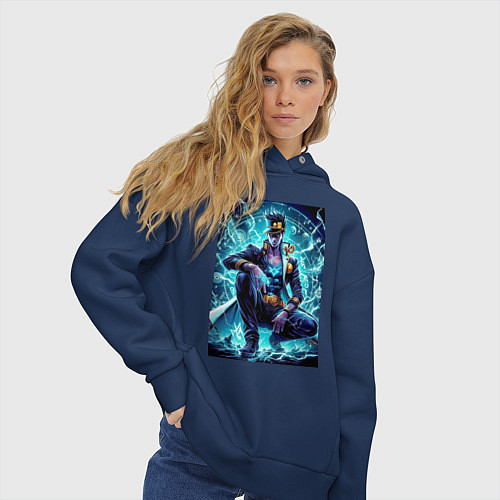 Женское худи оверсайз Jotaro Kujo - neon glow ai art / Тёмно-синий – фото 3