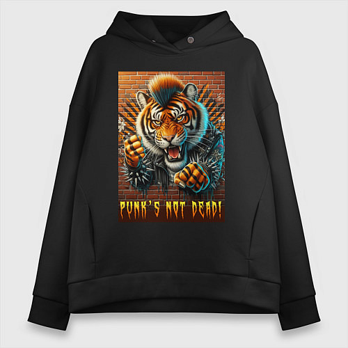 Женское худи оверсайз Punks not dead - motto tiger / Черный – фото 1