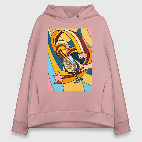Женское худи оверсайз Рука с бокалом поп-арт / Пыльно-розовый – фото 1