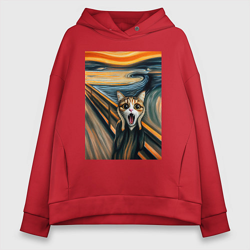 Женское худи оверсайз Кошка кричит - мем нейросеть / Красный – фото 1