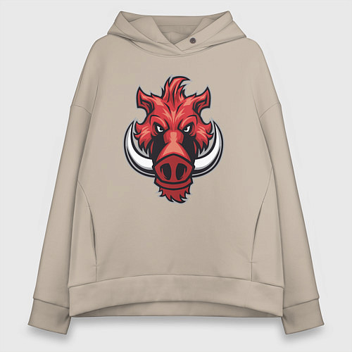 Женское худи оверсайз Красный кабанчик / Миндальный – фото 1