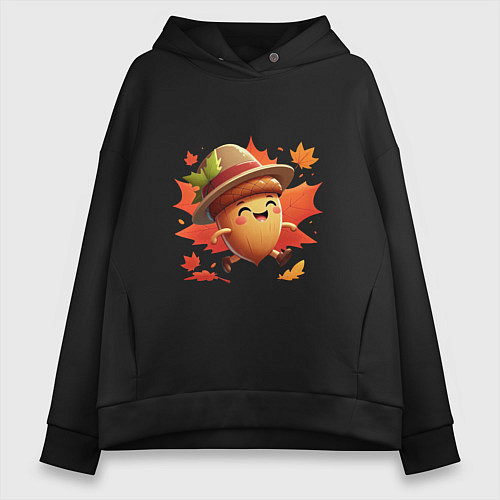 Женское худи оверсайз Веселый желудь на прогулке в листопад / Черный – фото 1