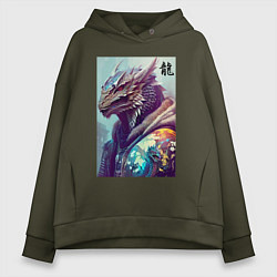 Толстовка оверсайз женская Cool dragon - hieroglyph ai art, цвет: хаки