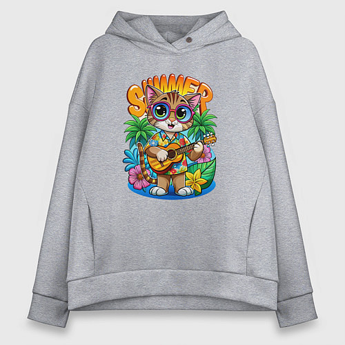 Женское худи оверсайз Котик играет на гитаре жарким летом / Меланж – фото 1