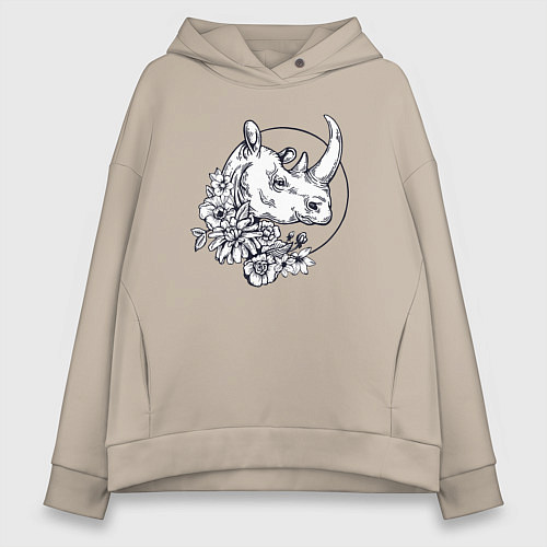Женское худи оверсайз Носорог и цветы / Миндальный – фото 1