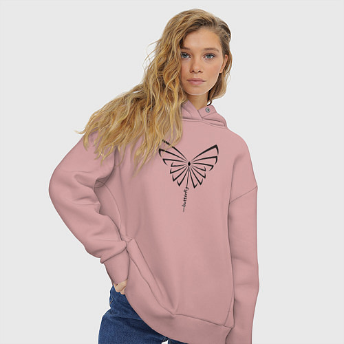 Женское худи оверсайз Силуэт бабочки с вертикальной надписью / Пыльно-розовый – фото 3