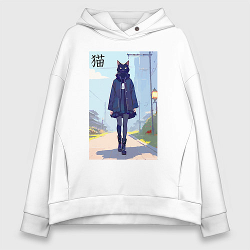 Женское худи оверсайз Чёрная кошечка на своём районе - нейросеть / Белый – фото 1